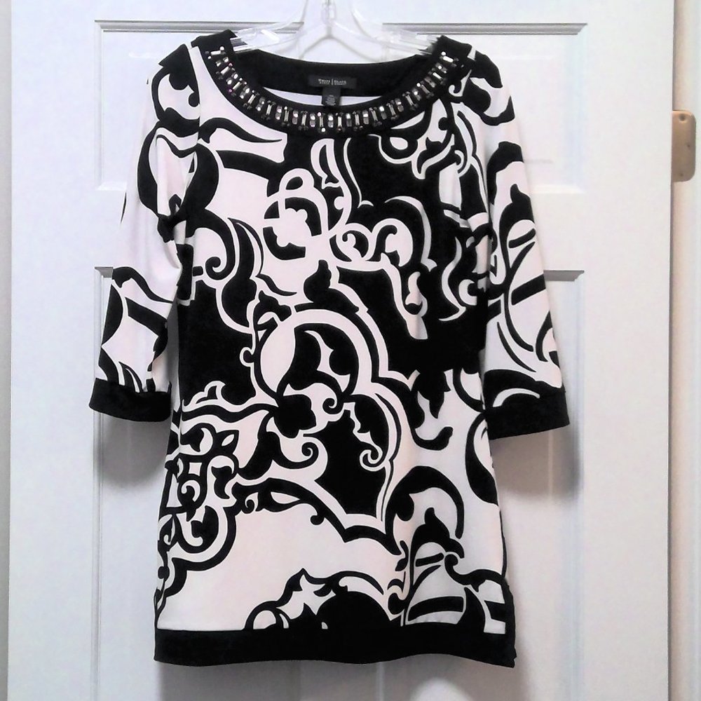 White Houe Black Market XS Rhinestone Embellished Neck Tunic Dress 3/4 Sleeves
